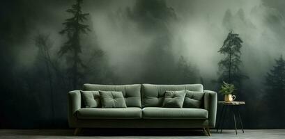 Generative AI, Interior design with couch, sofa and wallpaper of fir forest beautiful landscape in hipster vintage retro style, foggy mountains and trees. photo