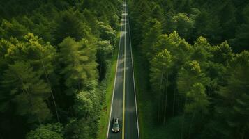 Generative AI, Aerial view of road between green forest, green landscape photo