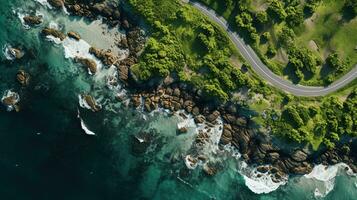 Generative AI, Aerial view of curved asphalt road near the ocean or sea, coastline photo