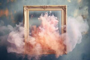 Generative AI, pastel light smoke around empty vintage beautiful frame. photo