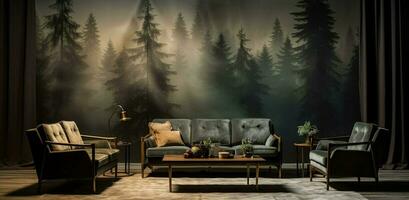 Generative AI, Interior design with couch, sofa and wallpaper of fir forest beautiful landscape in hipster vintage retro style, foggy mountains and trees. photo