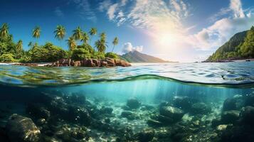 Generative AI, Beautiful beach of Seychelles, ocean or sea landscape, vacation on paradise. Tropical islands photo