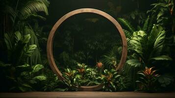 Generative AI, Empty circle wooden frame and tropical leaves on jungle background. For product display. photo