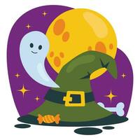 Set of Halloween illustrations. Witch hat, candy, bone, ghost. Background with big moon and stars. Vector graphic.