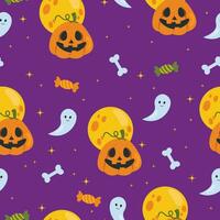 Seamless pattern. Happy Halloween. Pumpkin with a carved face, candy, ghost, full moon and stars. Vector graphic.