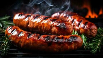 Generative AI, Grilled sausages on a plate, dark background, barbeque food photo