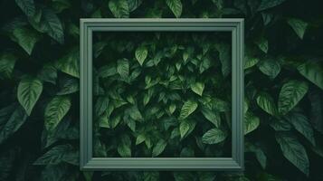 Generative AI, creative layout with green leaves and square frame, flat lay. Nature background with copy space photo