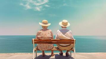 generativo ai, un mayor Pareja mirando a el Oceano o mar, teniendo divertido a el playa foto