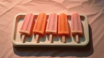 Generative AI, Fruit ice cream or sorbet on a stick, bright color, summer mood, panoramic view photo