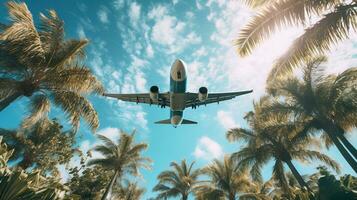 generativo ai, avión volando terminado un tropical isla con palma arboles viajar, vacaciones concepto. hermosa cielo antecedentes foto