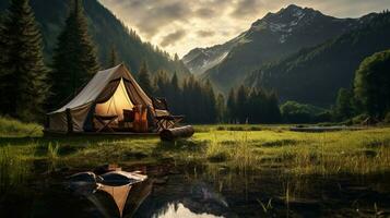 Generative AI, Camping outdoor concept near the lake or river, tourist camp on the beautiful green landscape with mountains photo