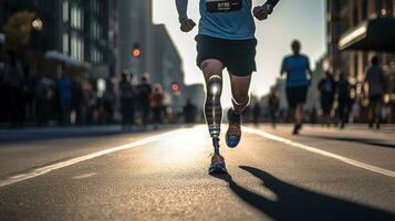 Generative AI, person with disability, prosthetic limb running and does not feel obstacles photo