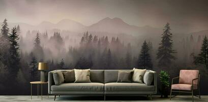 Generative AI, Interior design with couch, sofa and wallpaper of fir forest beautiful landscape in hipster vintage retro style, foggy mountains and trees. photo