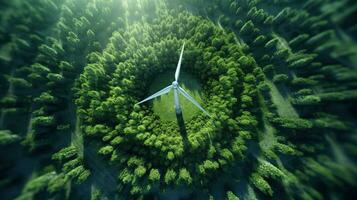 Generative AI, wind turbines in a field, green farm landscape. Environmentally eco-friendly power generation. Renewable energy source. photo