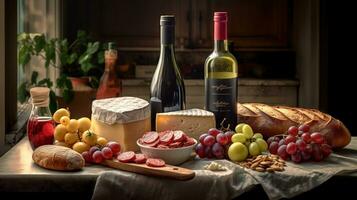 Generative AI, wine still life with grapes, rosemary, prosciutto, blue cheese, figs, bread. photo