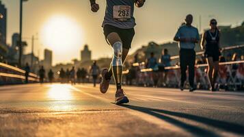 Generative AI, person with disability, prosthetic limb running and does not feel obstacles photo