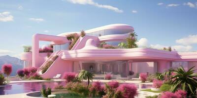 Generative AI, futuristic luxury pink house surrounded by lush greenery photo