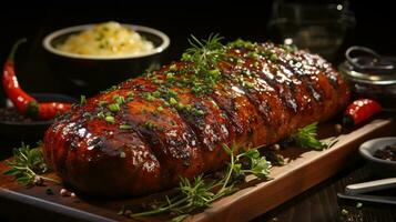 Generative AI, Grilled meat on a plate, dark background, barbeque food photo