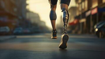 Generative AI, person with disability, prosthetic limb running and does not feel obstacles, photo