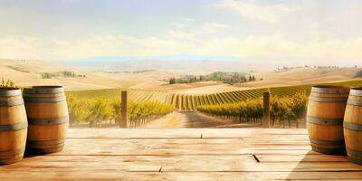 Generative AI, beautiful vineyard with wooden barrels, green landscape. Rows of vines on sunset photo