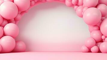 Generative AI, arch of pink balloons. Birthday party for girl 3d background, shower. Mockup, template for greetiing card photo