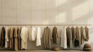 Generative AI, Cloth store aesthetic background, photo of clothes hanging on hangers, muted neutral colors