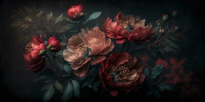 Generative AI, Close up of blooming flowerbeds of amazing red color flowers on dark moody floral textured background. Photorealistic effect.. photo