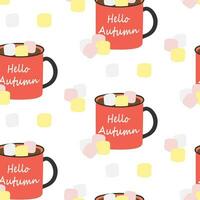 Seamless pattern of mugs with lettering Hello autumn, warm drink and marshmallow in trendy shades vector