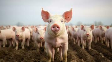 Generative AI, little pigs looking at the camera on a farm photo