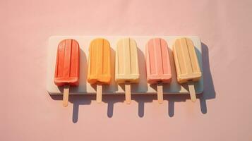 Generative AI, Fruit ice cream or sorbet on a stick, bright color, summer mood, panoramic view photo