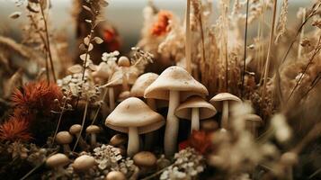 Generative AI, Fresh different mushrooms, autumn harvest, aesthetic muted neutral colors photo