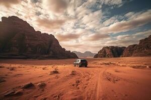 Generative AI, Off road car driving on a winding mountain desert road, surrounded by breathtaking views of the rugged terrain photo