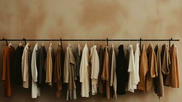 Generative AI, Cloth store aesthetic background, photo of clothes hanging on hangers, muted neutral colors