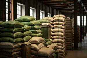 Generative AI, Stack hemp sacks of rice or coffee, industrial storage photo