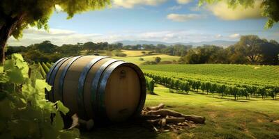 Generative AI, beautiful vineyard with wooden barrels, green landscape. Rows of vines on sunset photo