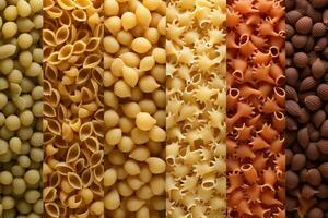 Generative AI, Variety of types, colors and shapes of Italian pasta, texture background photo