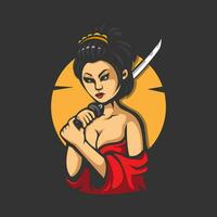 Geisha holding sword on dark background vector