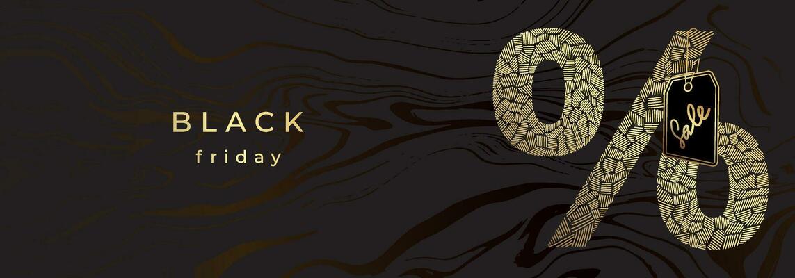 Luxury golden banner for Black Friday. Golden textured percent sign with price tag. Black marble background