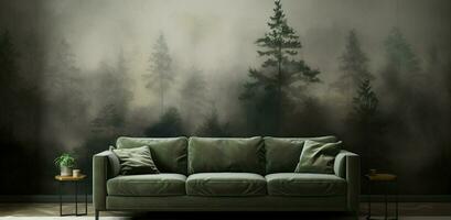 Generative AI, Interior design with couch, sofa and wallpaper of fir forest beautiful landscape in hipster vintage retro style, foggy mountains and trees. photo