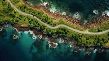 Generative AI, Aerial view of curved asphalt road near the ocean or sea, coastline photo