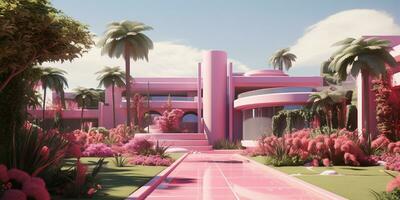 Generative AI, futuristic luxury pink house surrounded by lush greenery photo