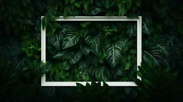 Generative AI, creative layout with green leaves and square frame, flat lay. Nature background with copy space photo