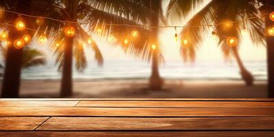 Generative AI, Tropical summer sunset beach bar background. Wooden table top product display showcase empty stage. photo