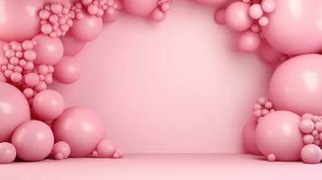 Generative AI, arch of pink balloons. Birthday party for girl 3d background, shower. Mockup, template for greetiing card photo