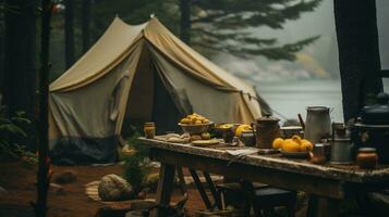 generativo ai, cámping al aire libre concepto en neutral apagado colores, turista acampar foto