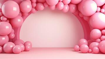 Generative AI, arch of pink balloons. Birthday party for girl 3d background, shower. Mockup, template for greetiing card photo