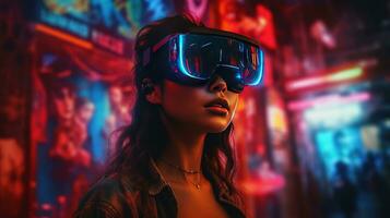 Generative AI, beautiful woman in VR glasses in neon space street, virtual reality headset  in cyberspace photo