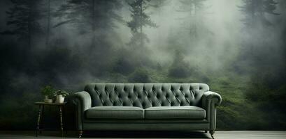 Generative AI, Interior design with couch, sofa and wallpaper of fir forest beautiful landscape in hipster vintage retro style, foggy mountains and trees. photo