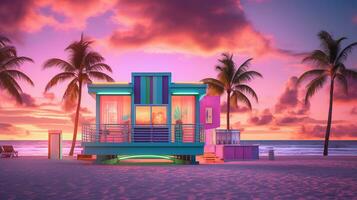 Generative AI, Miami beach huts, Summer Vibes retro illustration. Vintage pink and blue colors, buildings, California palms, 80s style photo