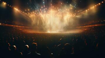 Generative AI, People crowd on music rock festival concert in stadium, big stage lit by spotlights. photo